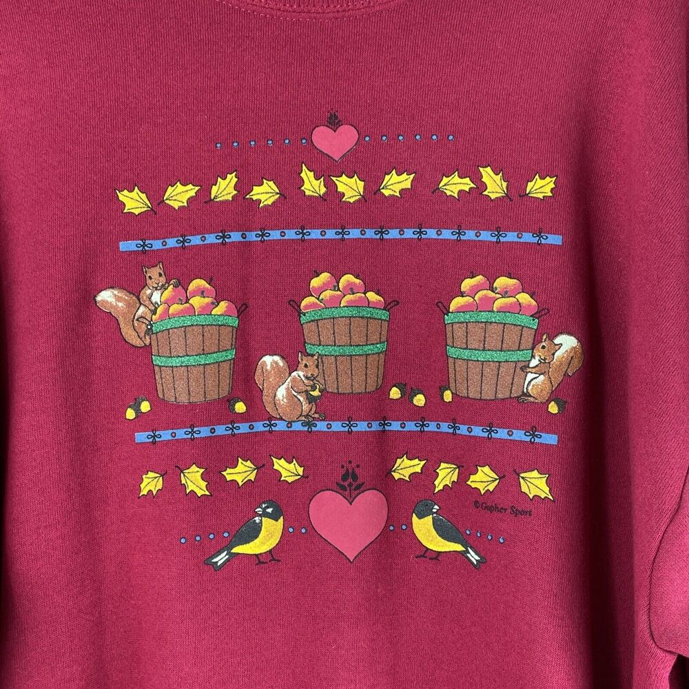 Vintage Sweatshirt Womens XL Red Fall Squirrels Apple Picking Autumn Grandmacore - Picture 2 of 9